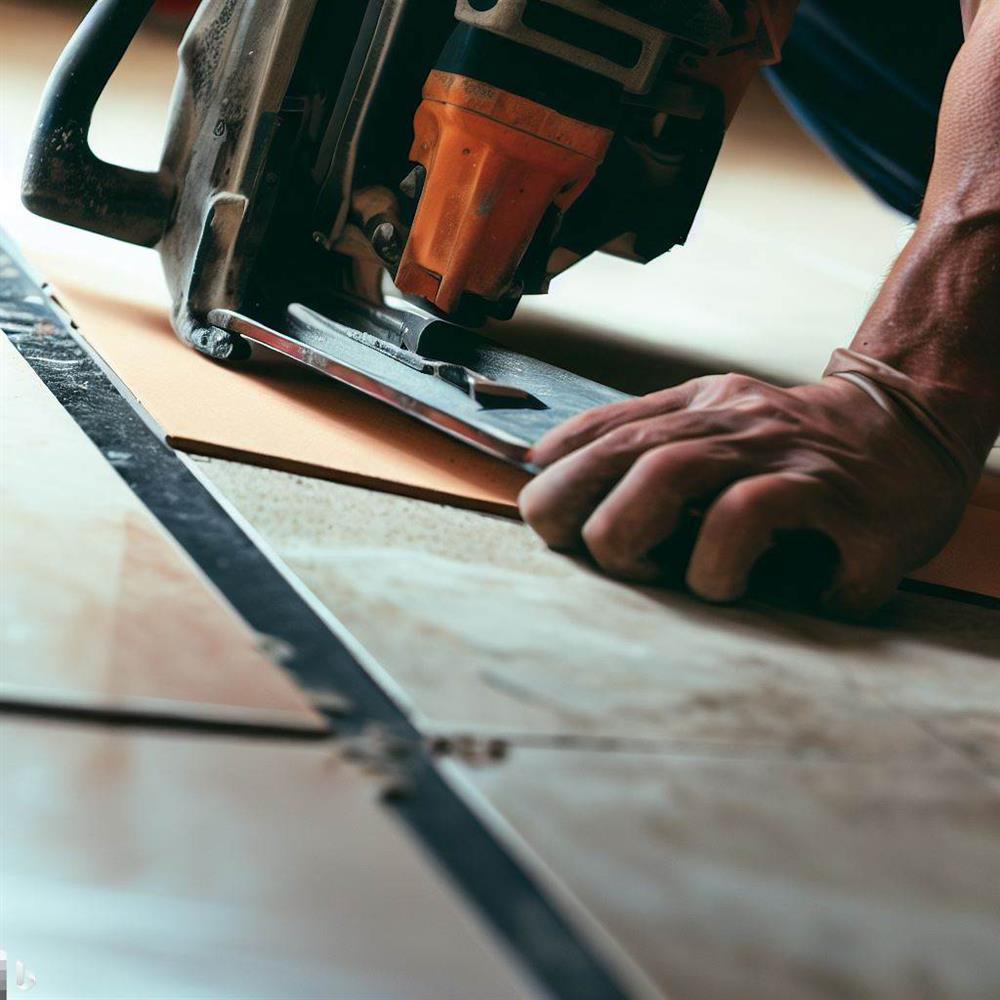 A tiler preparing to cut a set of floor tiles to the correct shape
